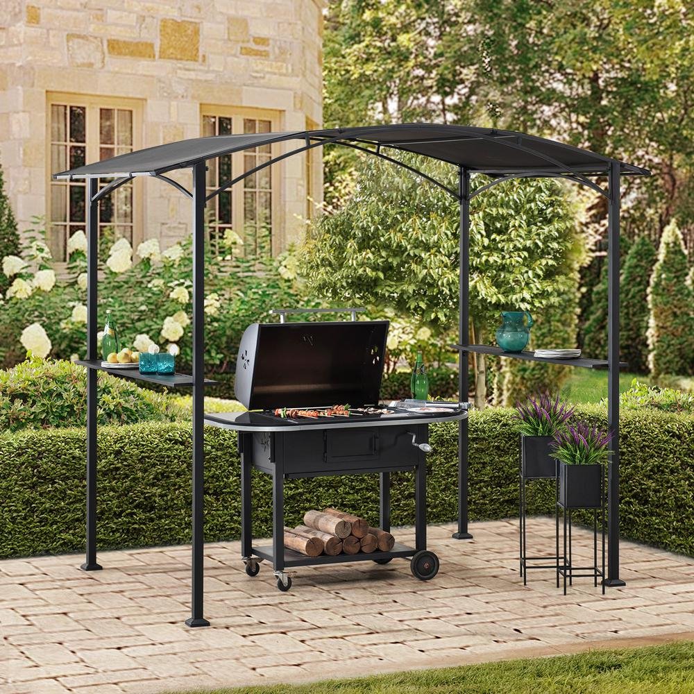 Sunjoy 5 ft. x 8 ft. Black Steel Grill Gazebo with Black Arch Canopy - Ethereal Company