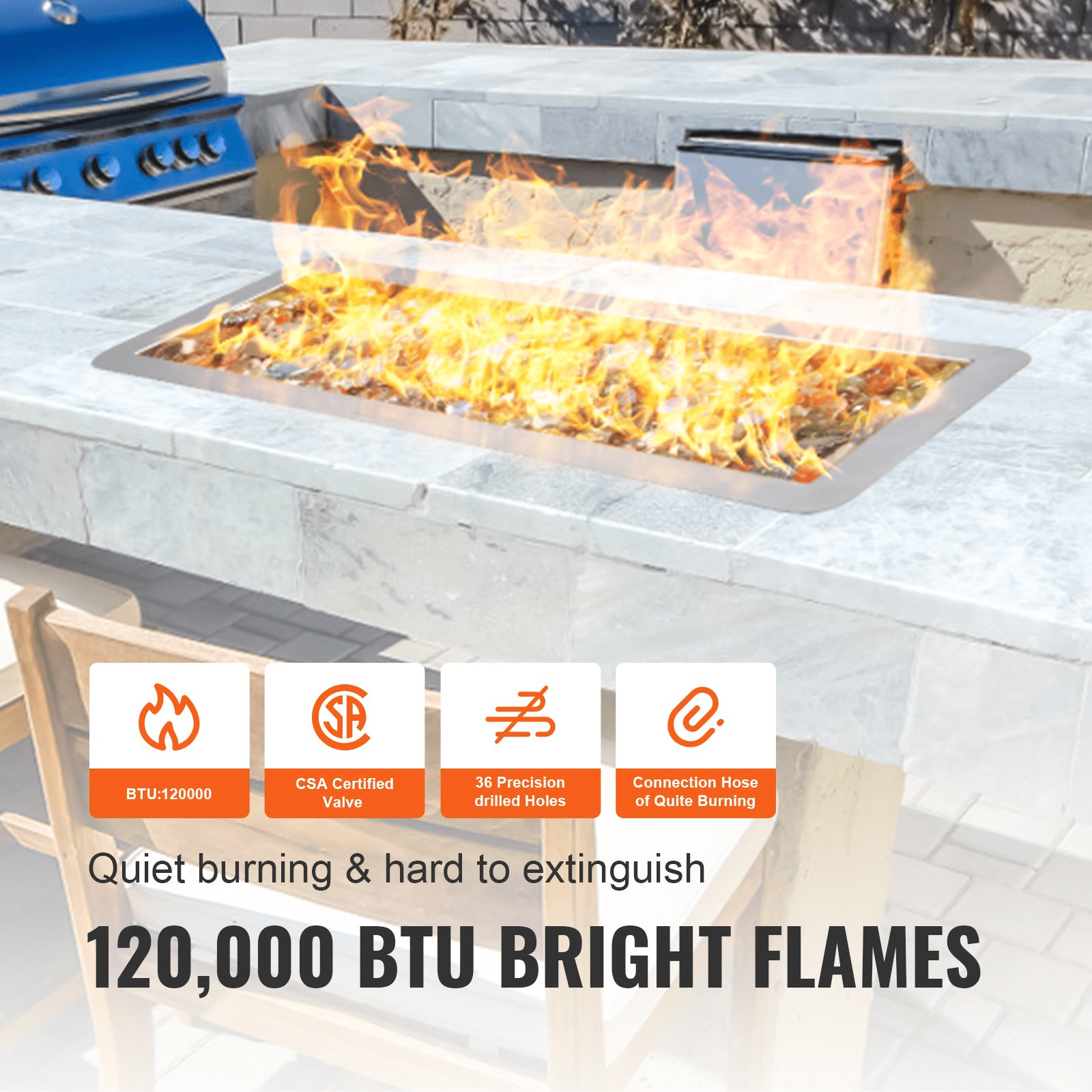 VEVOR 24 x 8 inch Drop - in Fire Pit Pan, Rectangular Stainless Steel Fire Pit Burner Kit, Natural & Propane Gas Fire Pan 120,000 BTU with H - Burner for Indoor or Outdoor Use - Ethereal Company