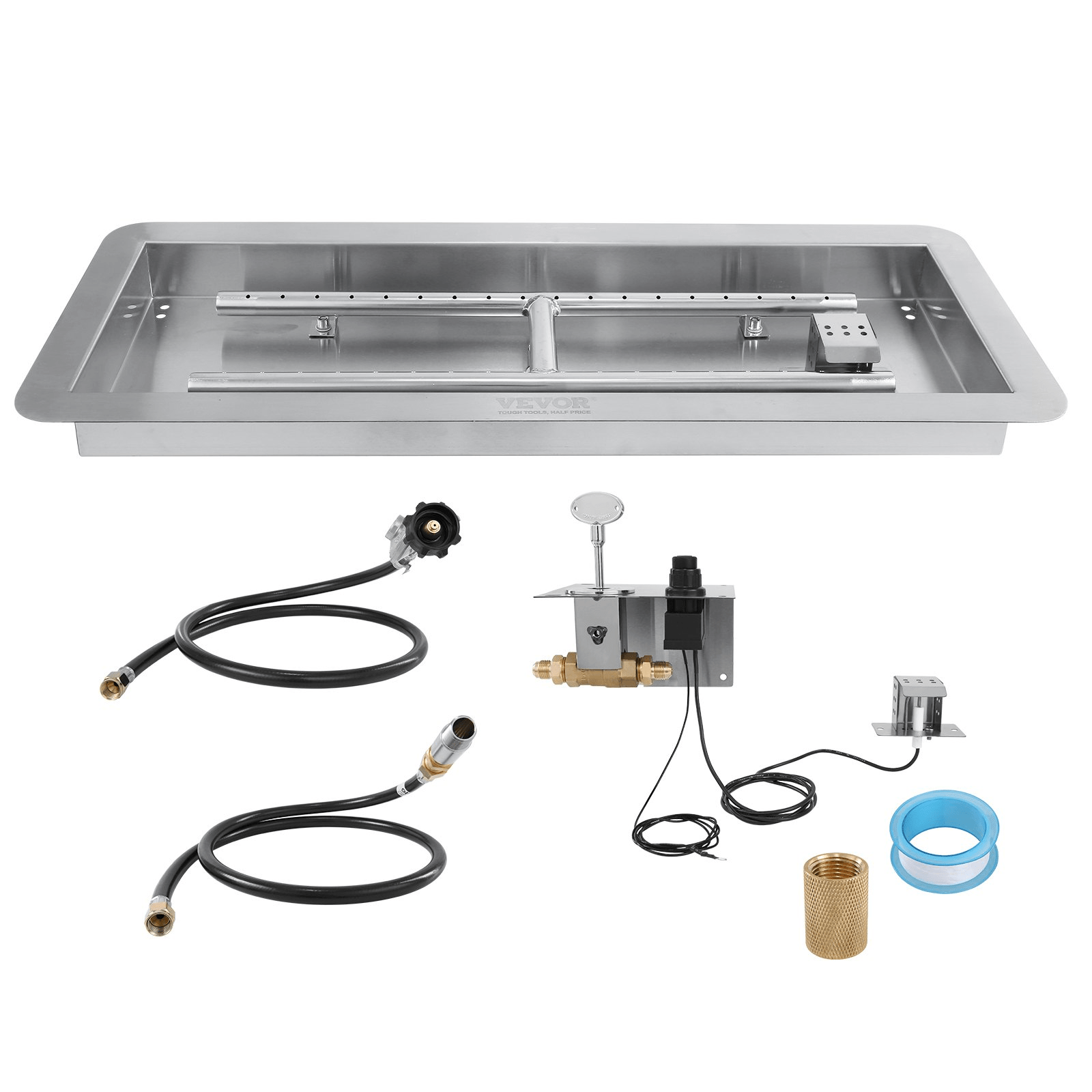 VEVOR 24 x 8 inch Drop - in Fire Pit Pan, Rectangular Stainless Steel Fire Pit Burner Kit, Natural & Propane Gas Fire Pan 120,000 BTU with H - Burner for Indoor or Outdoor Use - Ethereal Company
