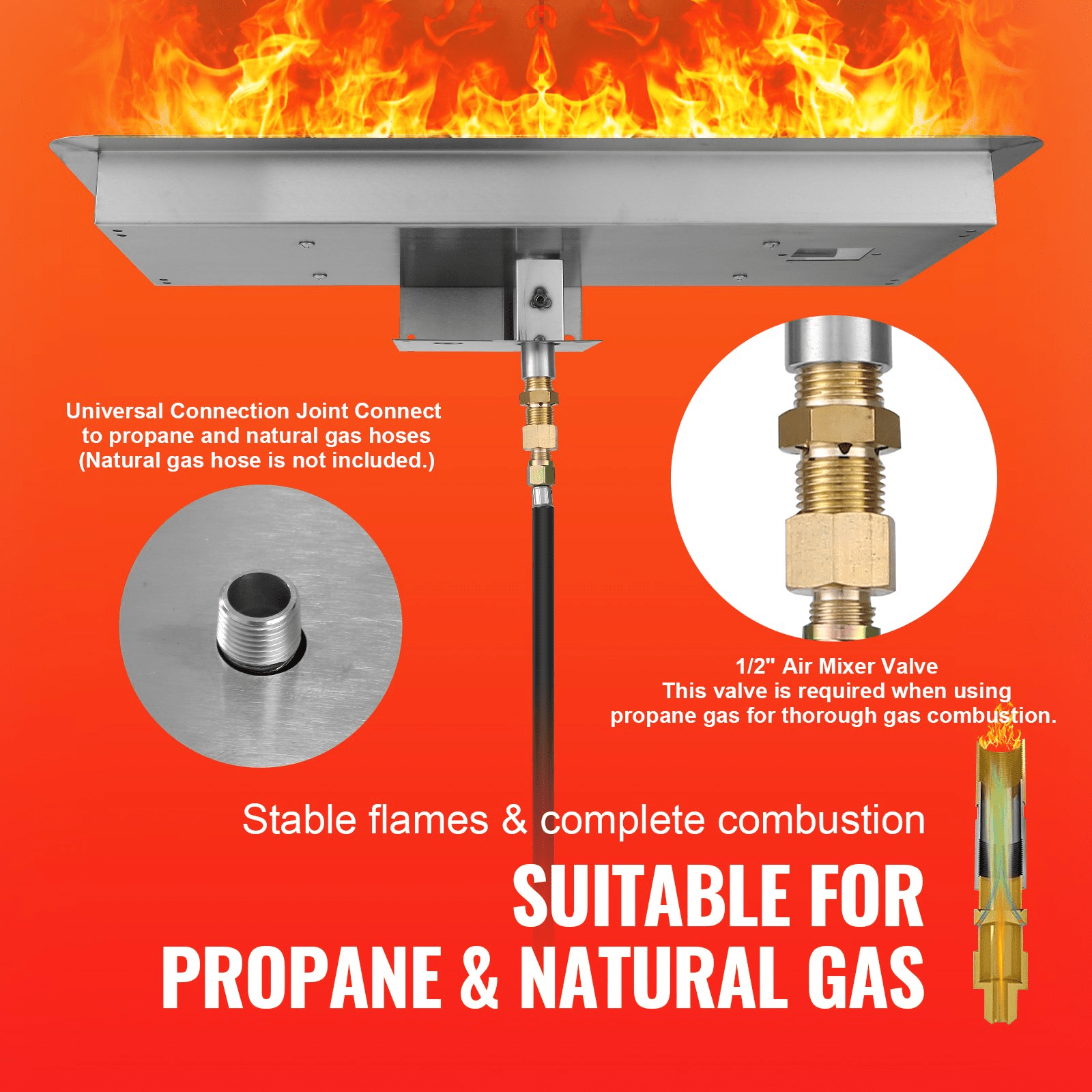 VEVOR 36 x 12 inch Drop - in Fire Pit Pan, Rectangular Stainless Steel Fire Pit Burner Kit, Natural & Propane Gas Fire Pan 150,000 BTU with H - Burner for Indoor or Outdoor Use - Ethereal Company