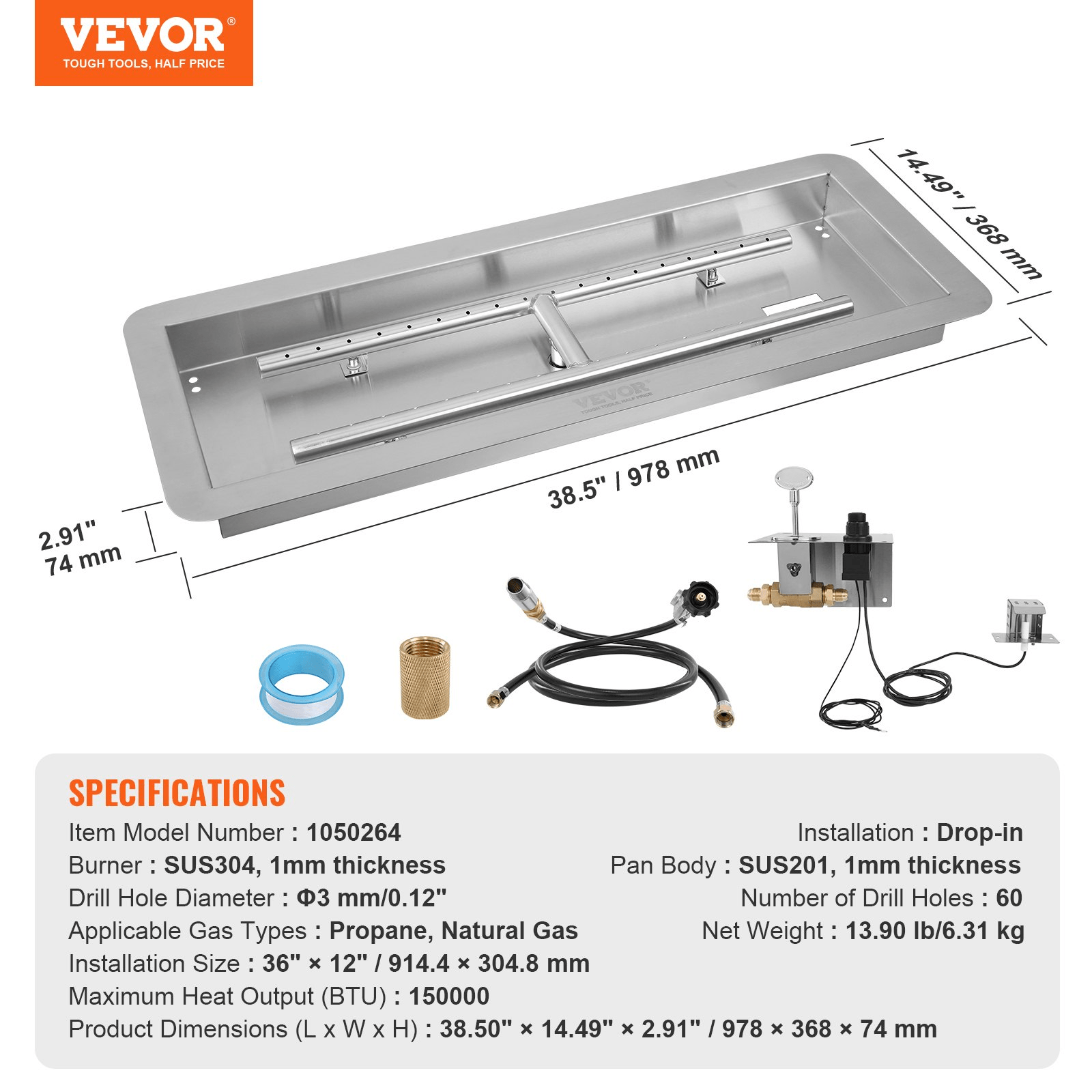 VEVOR 36 x 12 inch Drop - in Fire Pit Pan, Rectangular Stainless Steel Fire Pit Burner Kit, Natural & Propane Gas Fire Pan 150,000 BTU with H - Burner for Indoor or Outdoor Use - Ethereal Company