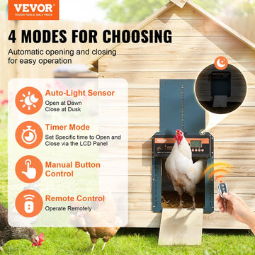VEVOR Automatic Chicken Coop Door, Auto Chicken Door Opener with Timer &amp; Light Sensor Aluminum Chicken Coops Door with Remote Control and LCD screen, 4 Modes Opening, Battery or DC Powered - Ethereal Company