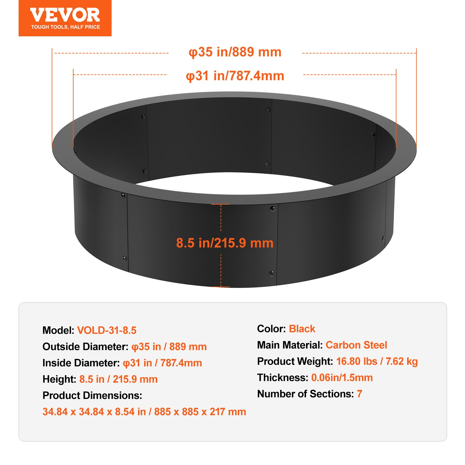 VEVOR Fire Pit Ring Round 35 Inch Outer Steel Liner DIY Campfire Ring Firepit - Ethereal Company