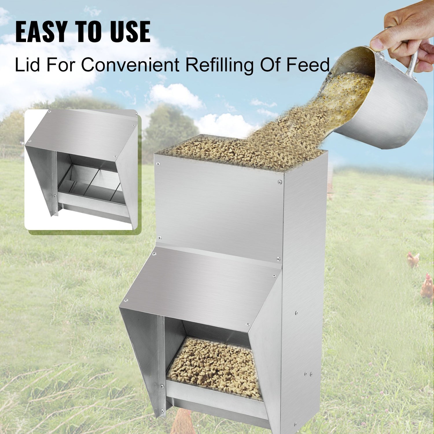 VEVOR Galvanized Poultry Feeder Holds 25lbs of Feed Chicken Feeders No Waste 12.9x8.3x18.9in Hanging Chicken Feeder with Lid Weatherproof Outdoor Coop Food Dispenser for Duck - Ethereal Company