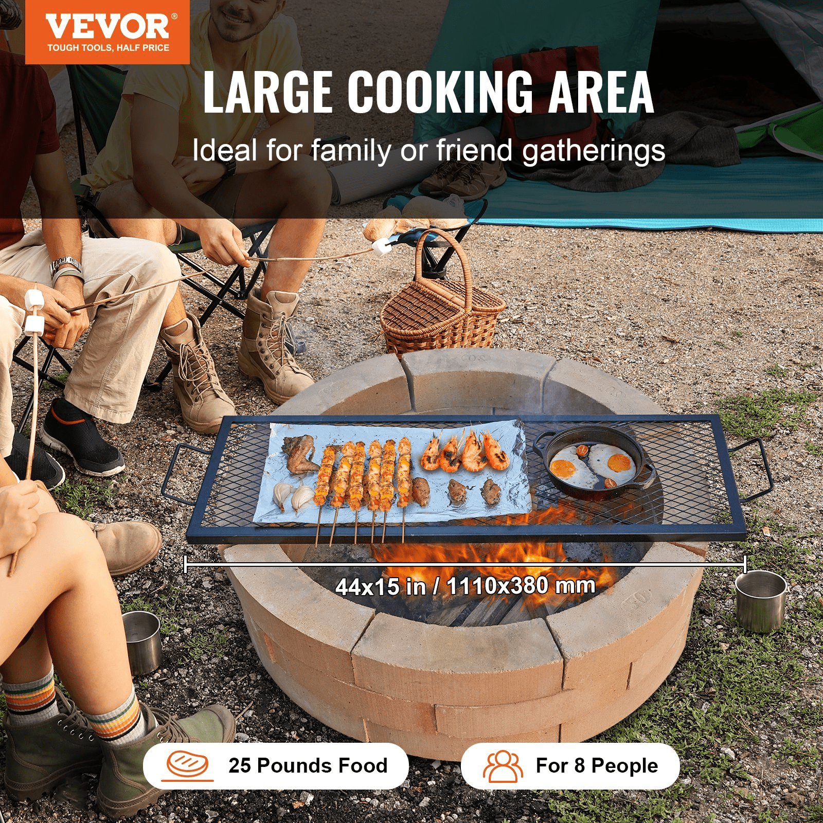VEVOR X - Marks Fire Pit Grill Grate, Rectangle Cooking Grate, Heavy Duty Steel Campfire BBQ Grill Grid with Handle & Support X Wire, Portable Camping Cookware for Outside Party Gathering, 44 Inch Black - Ethereal Company