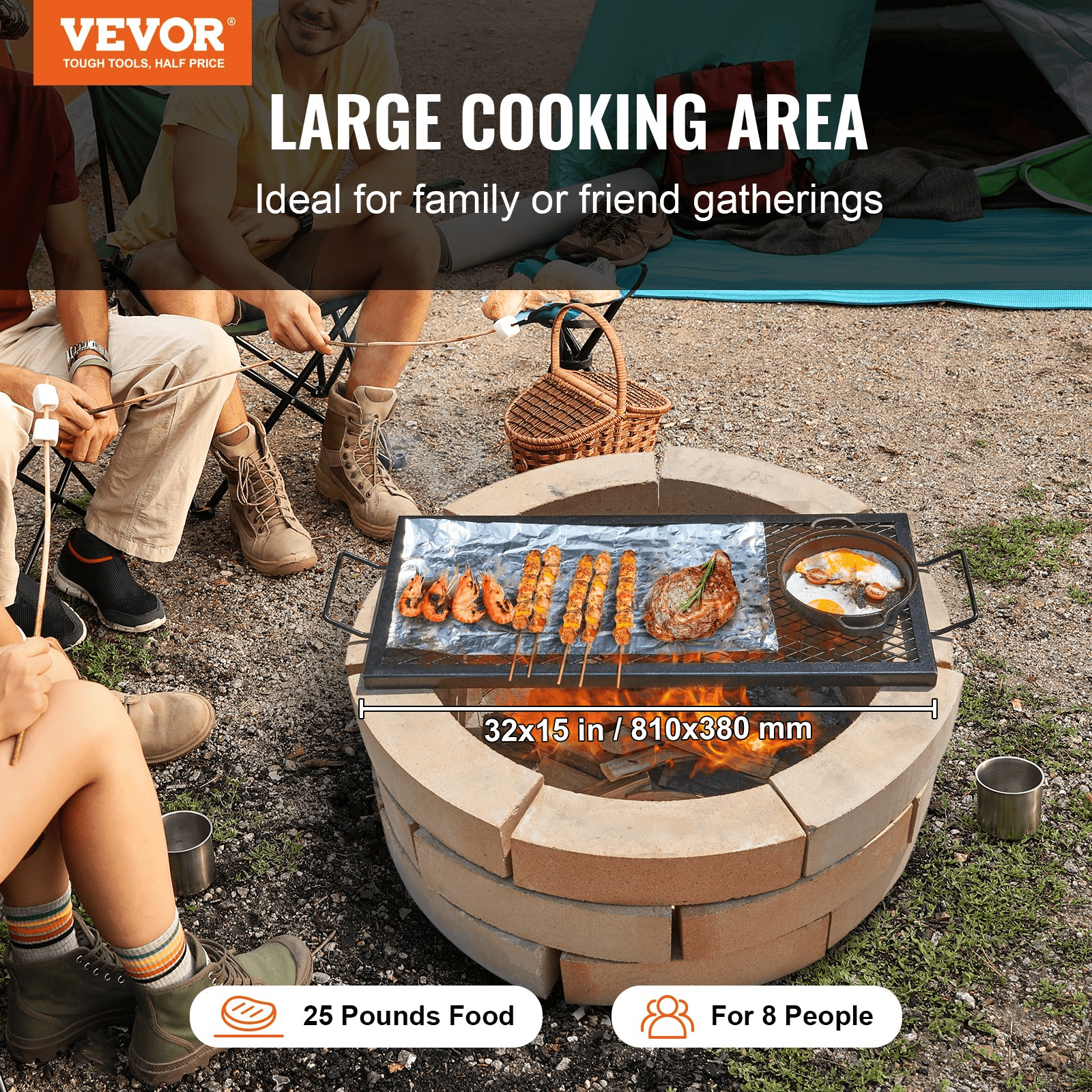 VEVOR X - Marks Fire Pit Grill Grate, Rectangle Cooking Grate, Heavy Duty Steel Campfire BBQ Grill Grid with Handle & Support X Wire, Portable Camping Cookware for Outside Party Gathering, 32 Inch Black - Ethereal Company
