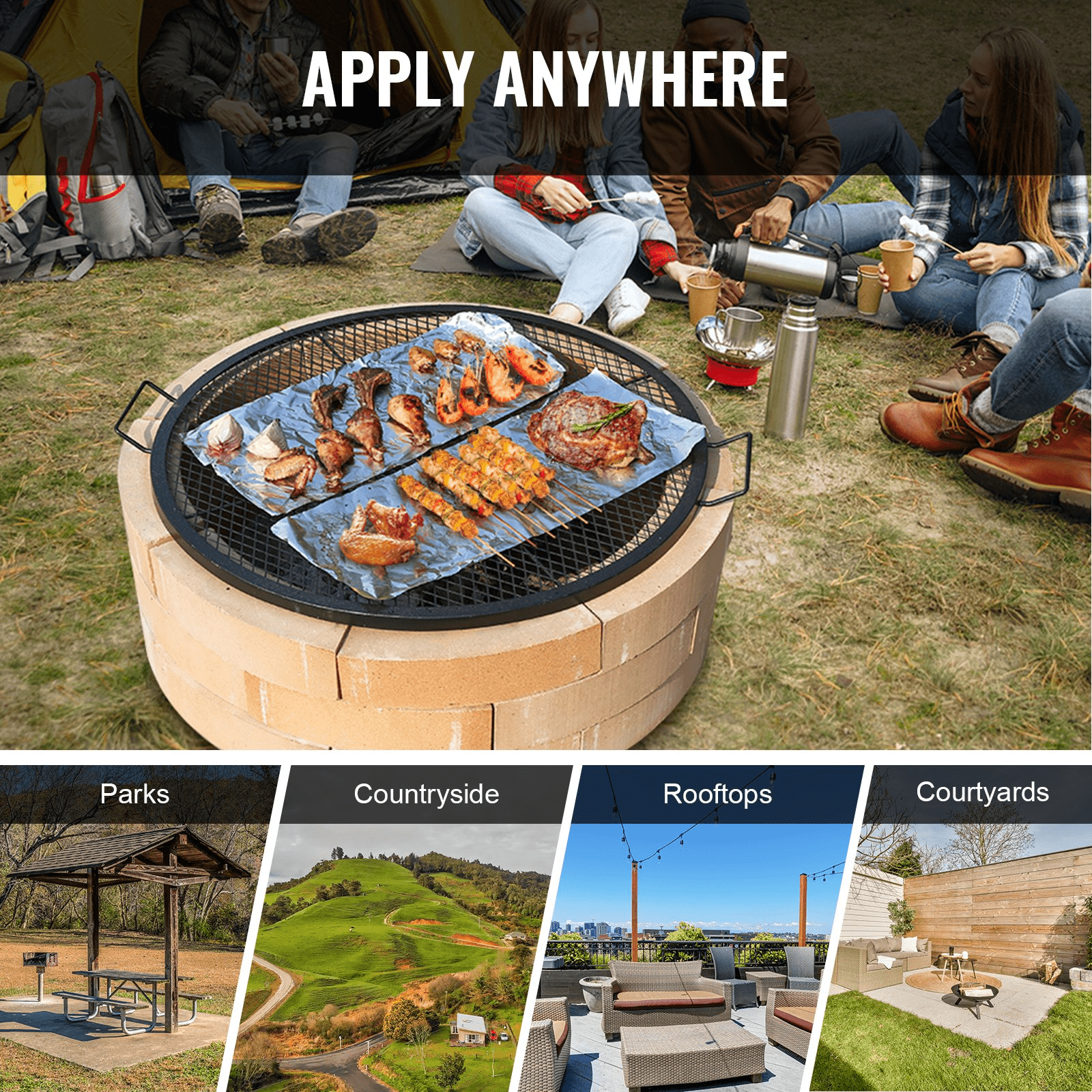 VEVOR X - Marks Fire Pit Grill Grate, Round Cooking Grate, Heavy Duty Steel Campfire BBQ Grill Grid with Handle and Support X Wire, Portable Camping Cookware for Outside Party & Gathering, 36 Inch Black - Ethereal Company