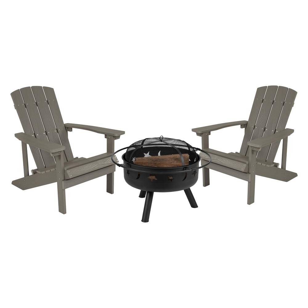 3 Piece Charlestown Gray Poly Resin Wood Adirondack Chair Set with Fire Pit - Ethereal Company