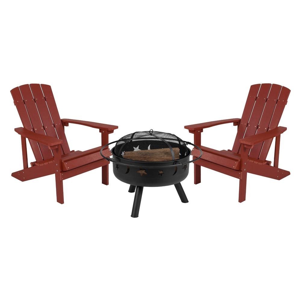 3 Piece Charlestown Red Poly Resin Wood Adirondack Chair Set with Fire Pit - Ethereal Company