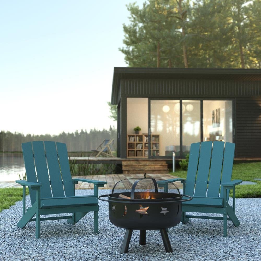 3 Piece Charlestown Sea Foam Poly Resin Wood Adirondack Chair Set with Fire Pit - Ethereal Company