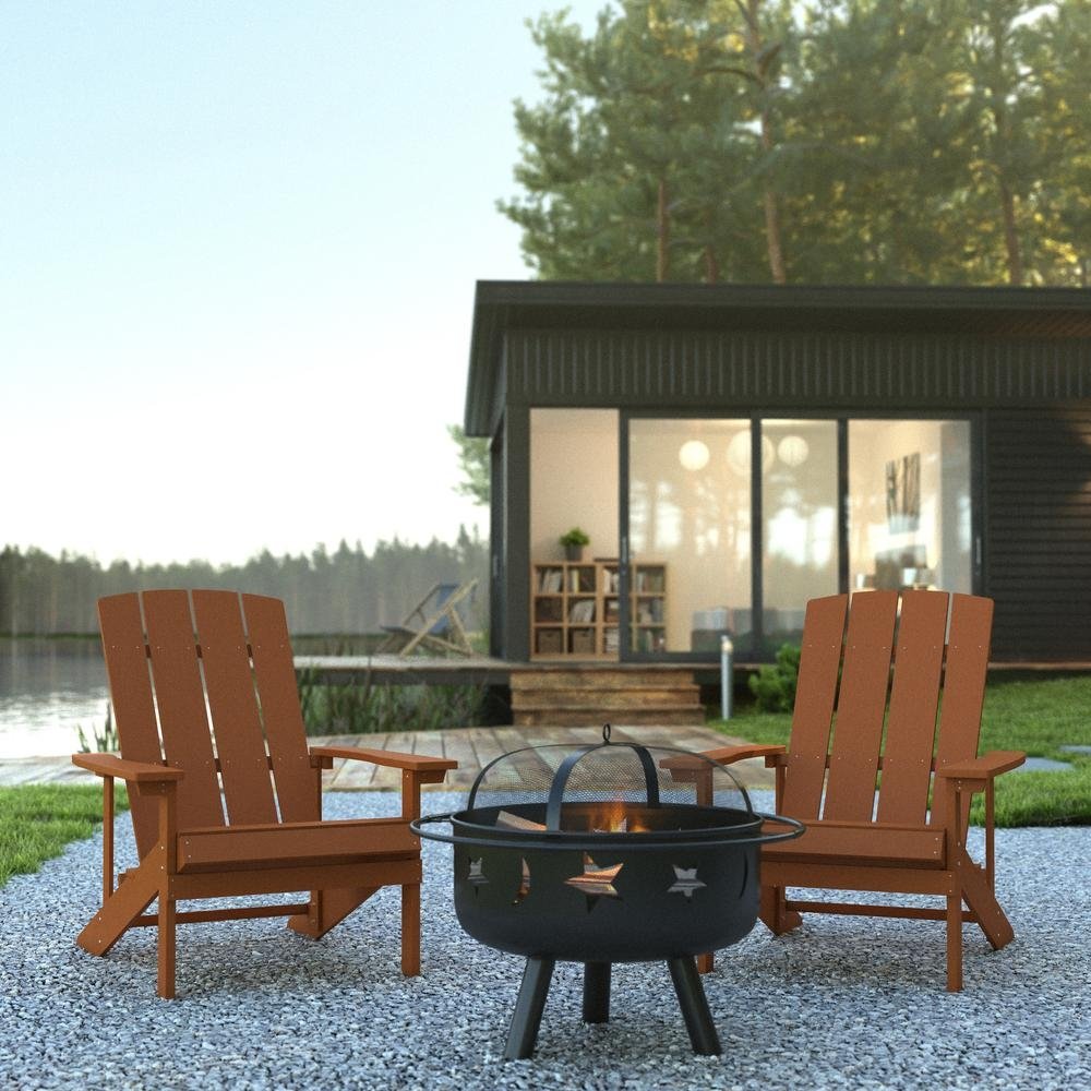 3 Piece Charlestown Teak Poly Resin Wood Adirondack Chair Set with Fire Pit - Ethereal Company