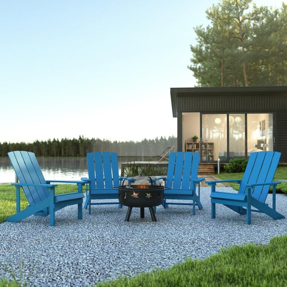 5 Piece Charlestown Blue Poly Resin Wood Adirondack Chair Set with Fire Pit - Ethereal Company