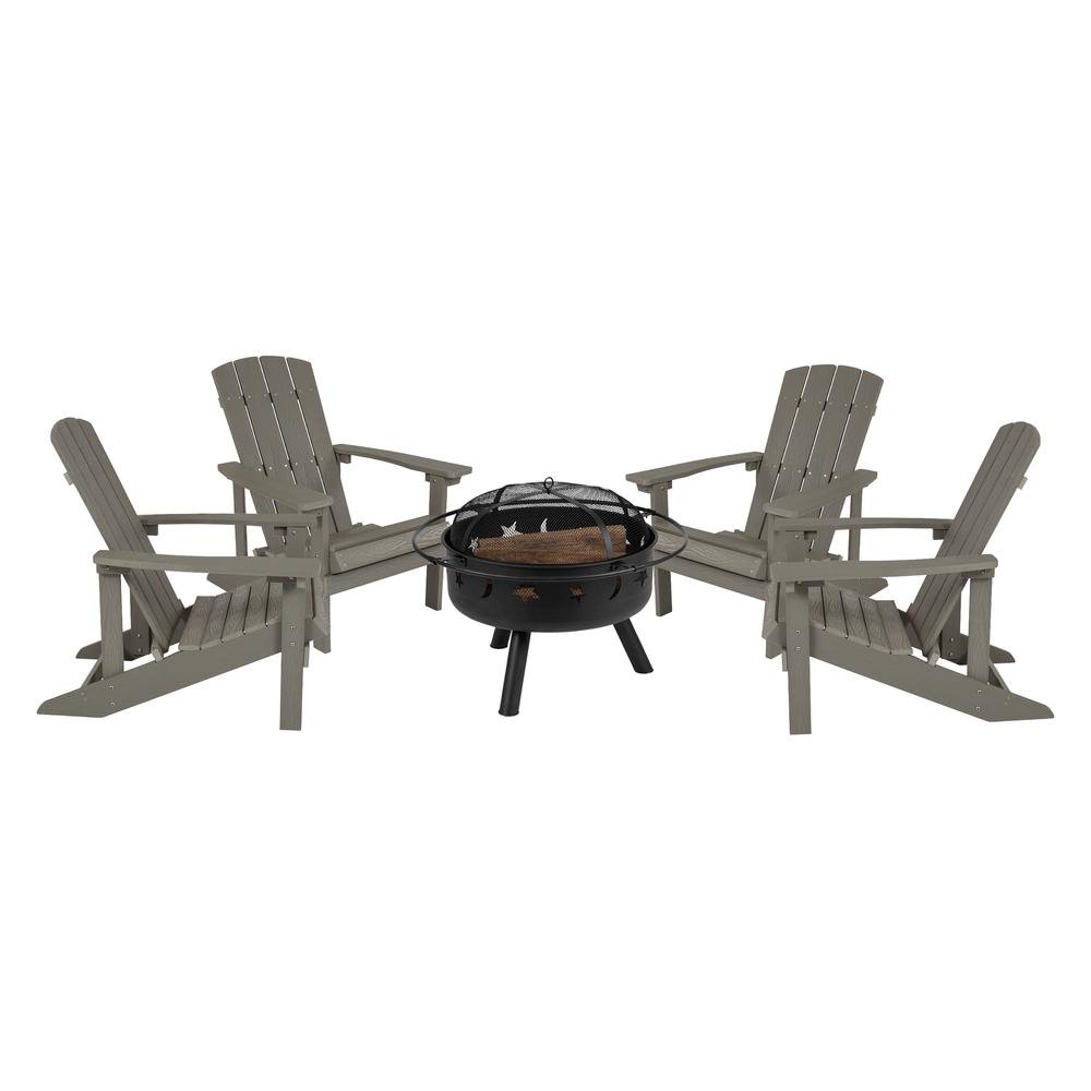 5 Piece Charlestown Gray Poly Resin Wood Adirondack Chair Set with Fire Pit - Ethereal Company