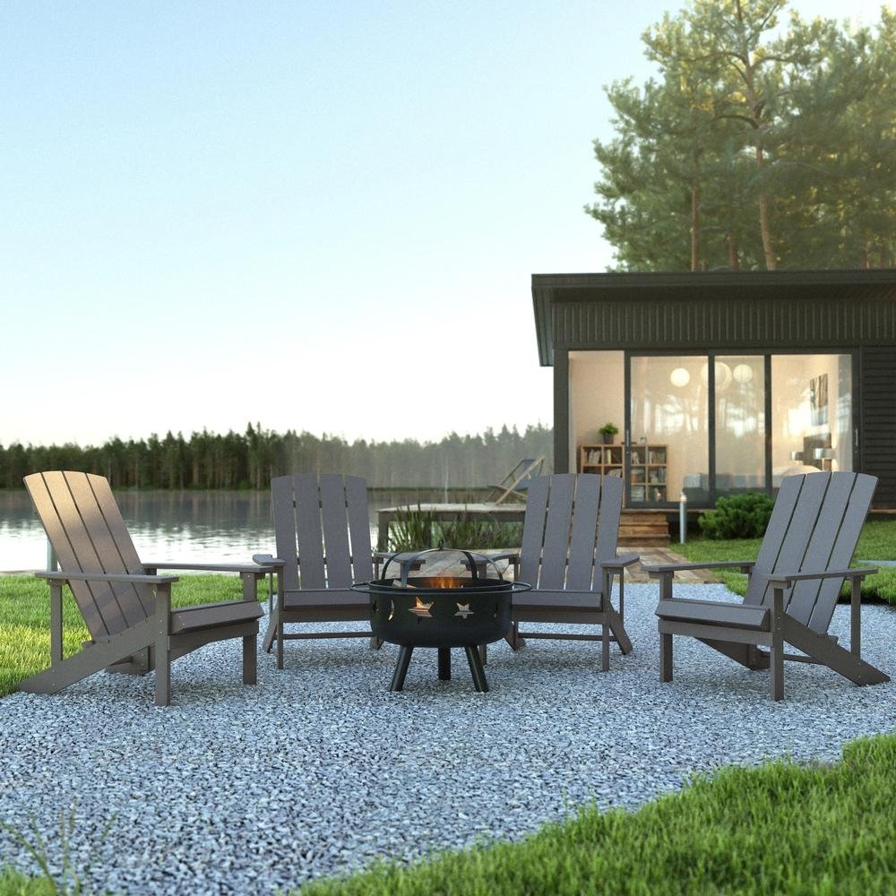5 Piece Charlestown Gray Poly Resin Wood Adirondack Chair Set with Fire Pit - Ethereal Company