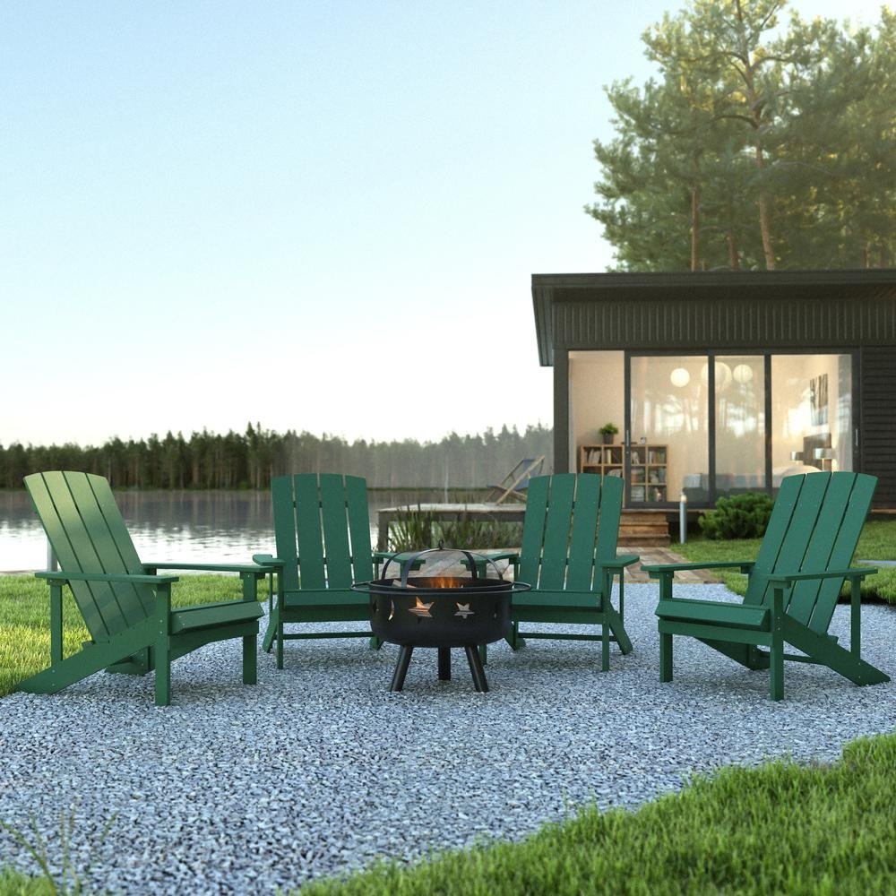 5 Piece Charlestown Green Poly Resin Wood Adirondack Chair Set with Fire Pit - Ethereal Company