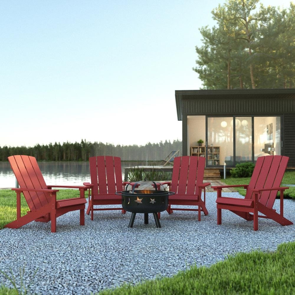 5 Piece Charlestown Red Poly Resin Wood Adirondack Chair Set with Fire Pit - Ethereal Company