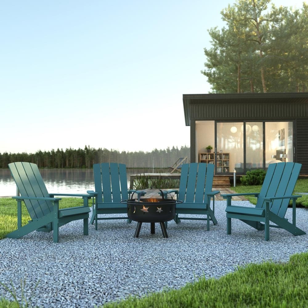5 Piece Charlestown Sea Foam Poly Resin Wood Adirondack Chair Set with Fire Pit - Ethereal Company