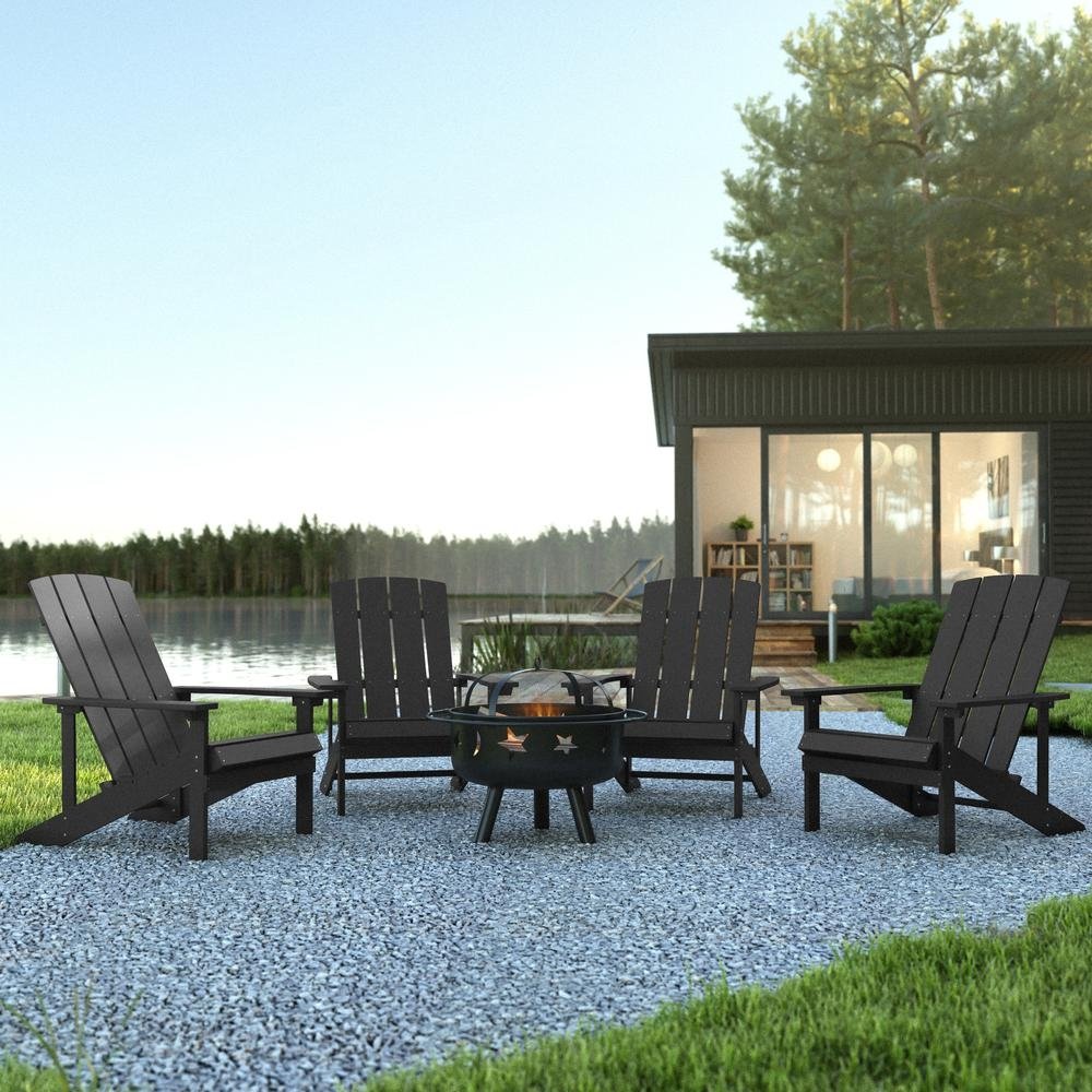 5 Piece Charlestown Slate Gray Poly Resin Wood Adirondack Chair Set with Fire Pit - Ethereal Company