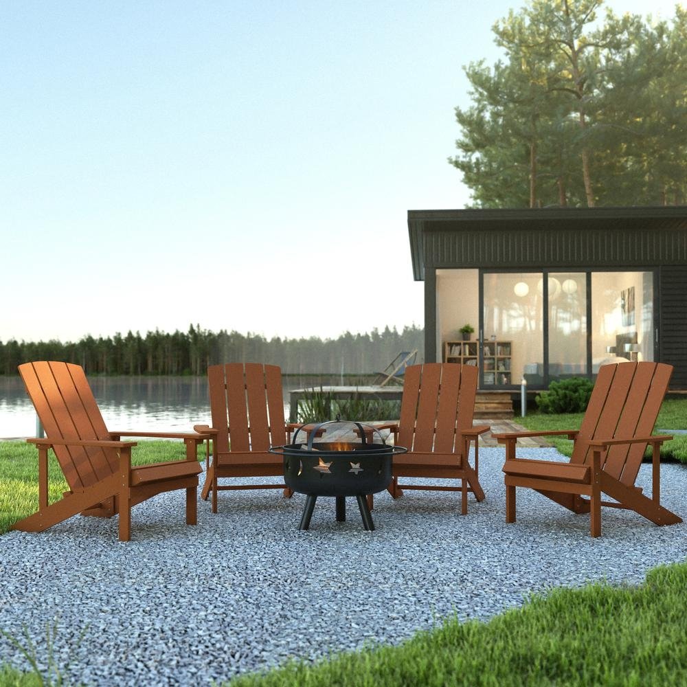 5 Piece Charlestown Teak Poly Resin Wood Adirondack Chair Set with Fire Pit - Ethereal Company