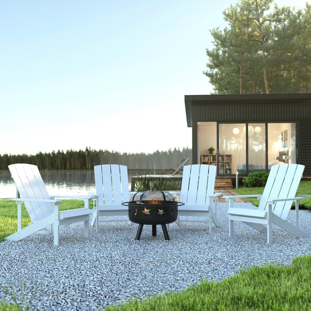 5 Piece Charlestown White Poly Resin Wood Adirondack Chair Set with Fire Pit - Ethereal Company