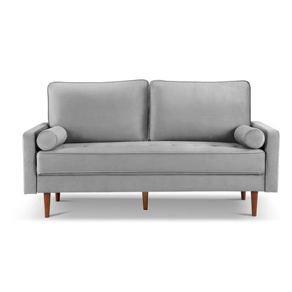69 Inch Wide Upholstered Two Cushion Sofa with Bolster Pillows in Grey Velvet - Ethereal Company