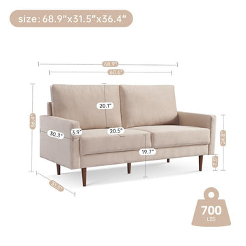 69 Inch Wide Upholstered Two Cushion Sofa with Square Arms-Beige - Ethereal Company