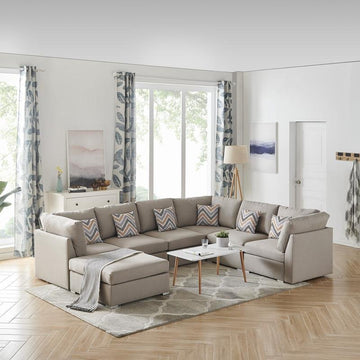 Amira Beige Fabric Reversible Modular Sectional Sofa with Ottoman and Pillows - Ethereal Company
