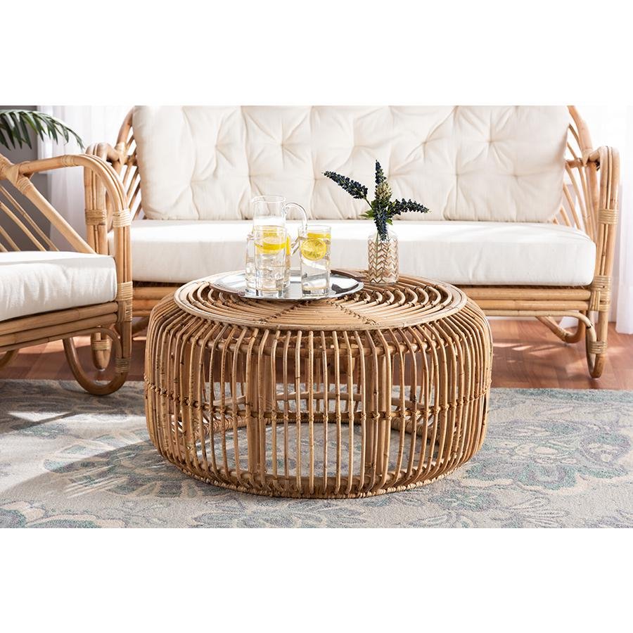 bali & pari Aliane Modern Bohemian Natural Brown Antique Rattan Coffee Table - Ethereal Company