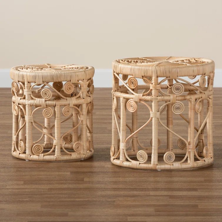 Bohemian Natural Brown Rattan 2-Piece Nesting End Table Set - Ethereal Company