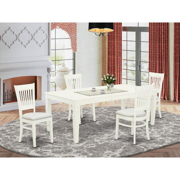 Evelyn Dinging Table/ 4 Dining Chairs - White/ White Padded/ Length 66/84 - Ethereal Company