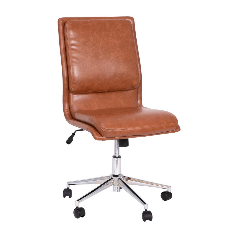 Madigan Mid-Back Armless Swivel Task Office Chair with LeatherSoft and Adjustable Chrome Base, Cognac - Ethereal Company