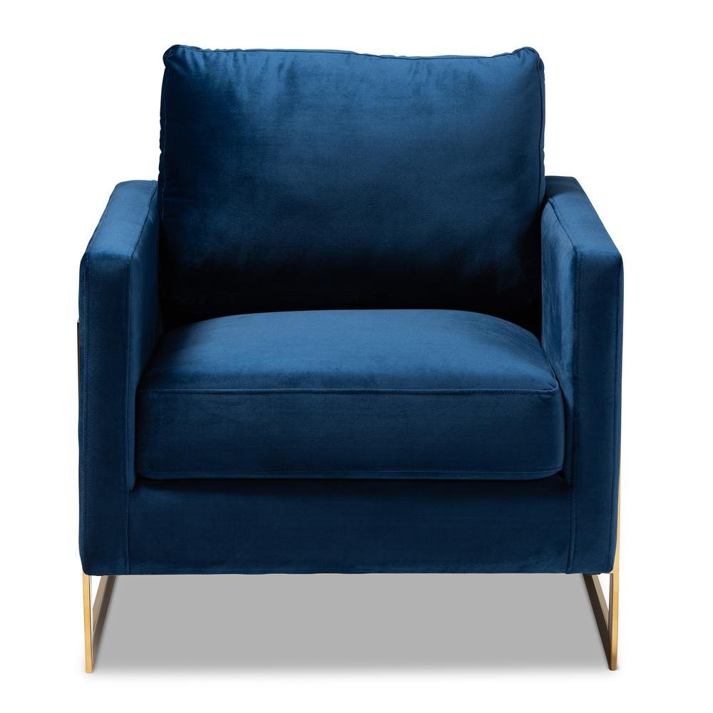 Matteo Glam and Luxe Royal Blue Velvet Fabric Upholstered Gold Finished Armchair - Ethereal Company