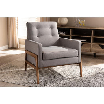 Perris Mid-Century Modern Grey Fabric Upholstered Walnut Wood Lounge Chair - Ethereal Company