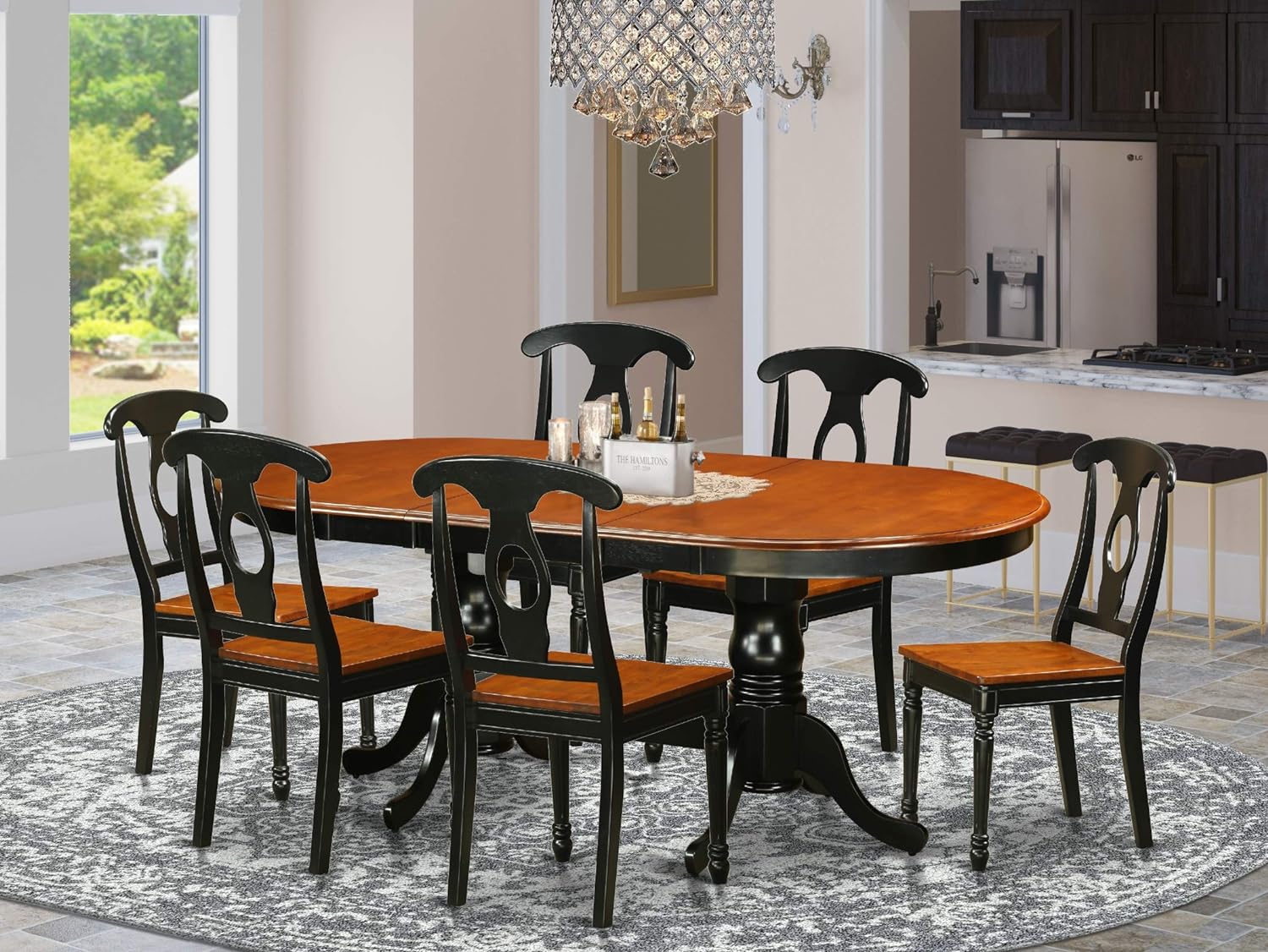 Reginald Double Pedistal Dining Table /6 Wooden Dining Chairs/Black & Cherry - Ethereal Company