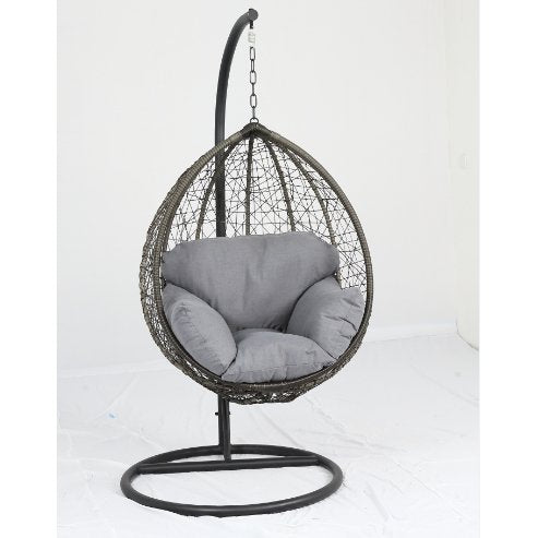 Simona Patio Swing Chair with Stand, Beige Fabric & Black Wicker - Ethereal Company