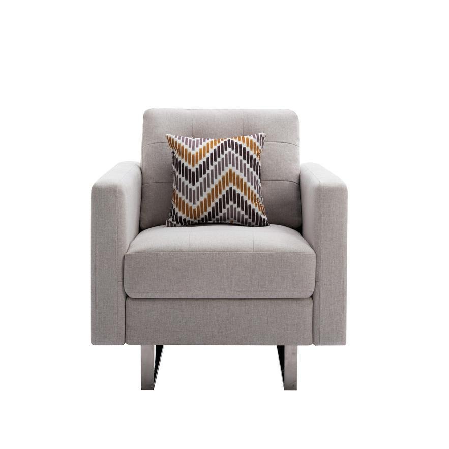 Victoria Beige Linen Fabric Armchair with Metal Legs, Side Pockets, and Pillow - Ethereal Company