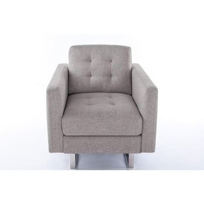 Victoria Beige Linen Fabric Armchair with Metal Legs, Side Pockets, and Pillow - Ethereal Company