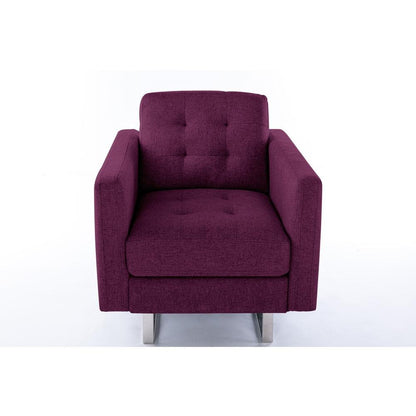 Victoria Purple Linen Fabric Armchair with Metal Legs, Side Pockets, and Pillow - Ethereal Company