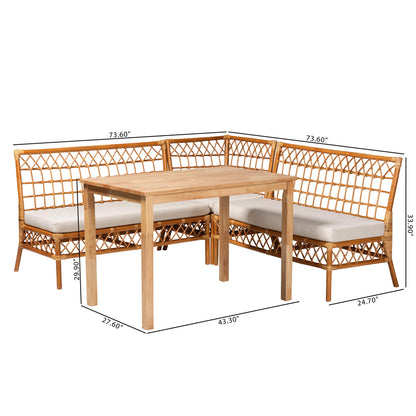 Aina Modern Bohemian Honey Rattan 4-Piece Dining Nook Set