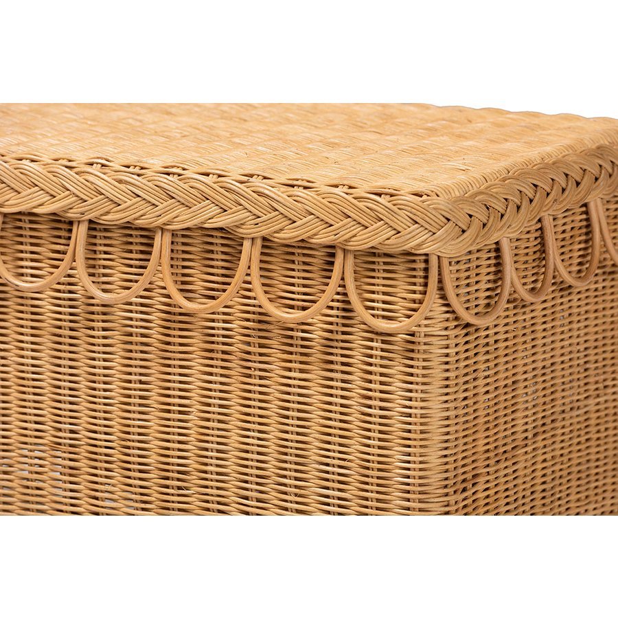 bali &amp; pari Erla Bohemian Light Honey Rattan Accent Bench with Scallop border - Ethereal Company