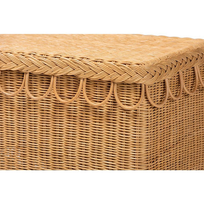 bali &amp; pari Erla Bohemian Light Honey Rattan Accent Bench with Scallop border - Ethereal Company