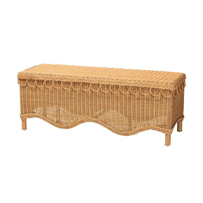 bali &amp; pari Erla Bohemian Light Honey Rattan Accent Bench with Scallop border - Ethereal Company