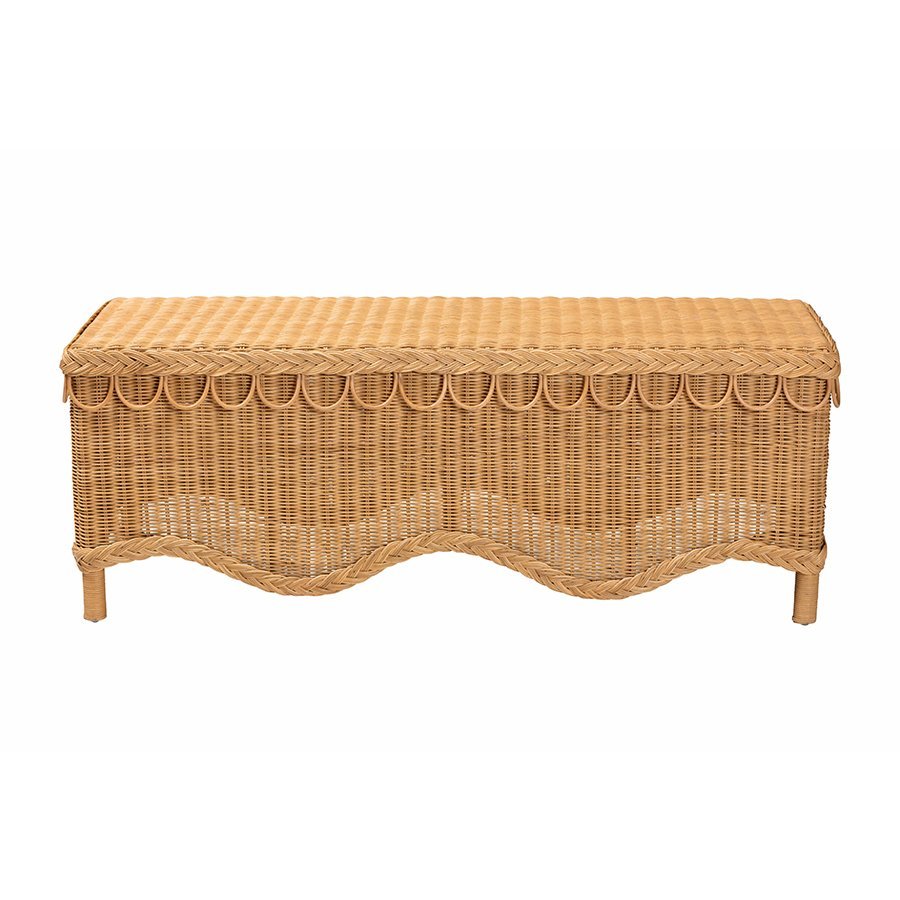 bali &amp; pari Erla Bohemian Light Honey Rattan Accent Bench with Scallop border - Ethereal Company