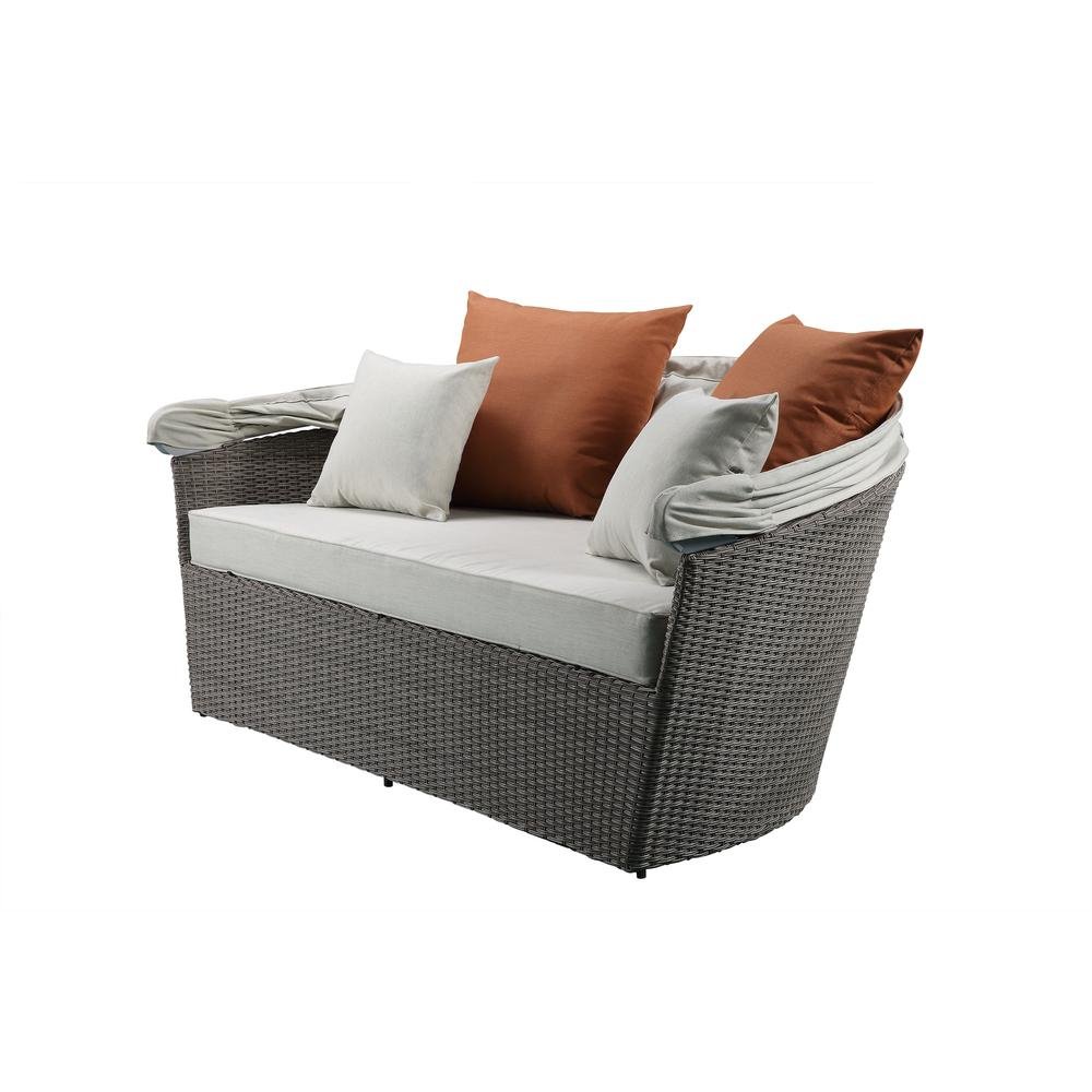 Salena Patio Canopy Sofa &amp; Ottoman, Beige Fabric &amp; Gray Wicker - Modern Outdoor Furniture - Ethereal Company