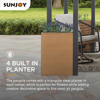 Sunjoy Marbella 10 x 12ft. Outdoor Patio Black Steel Frame Pergola with Planters - Ethereal Company