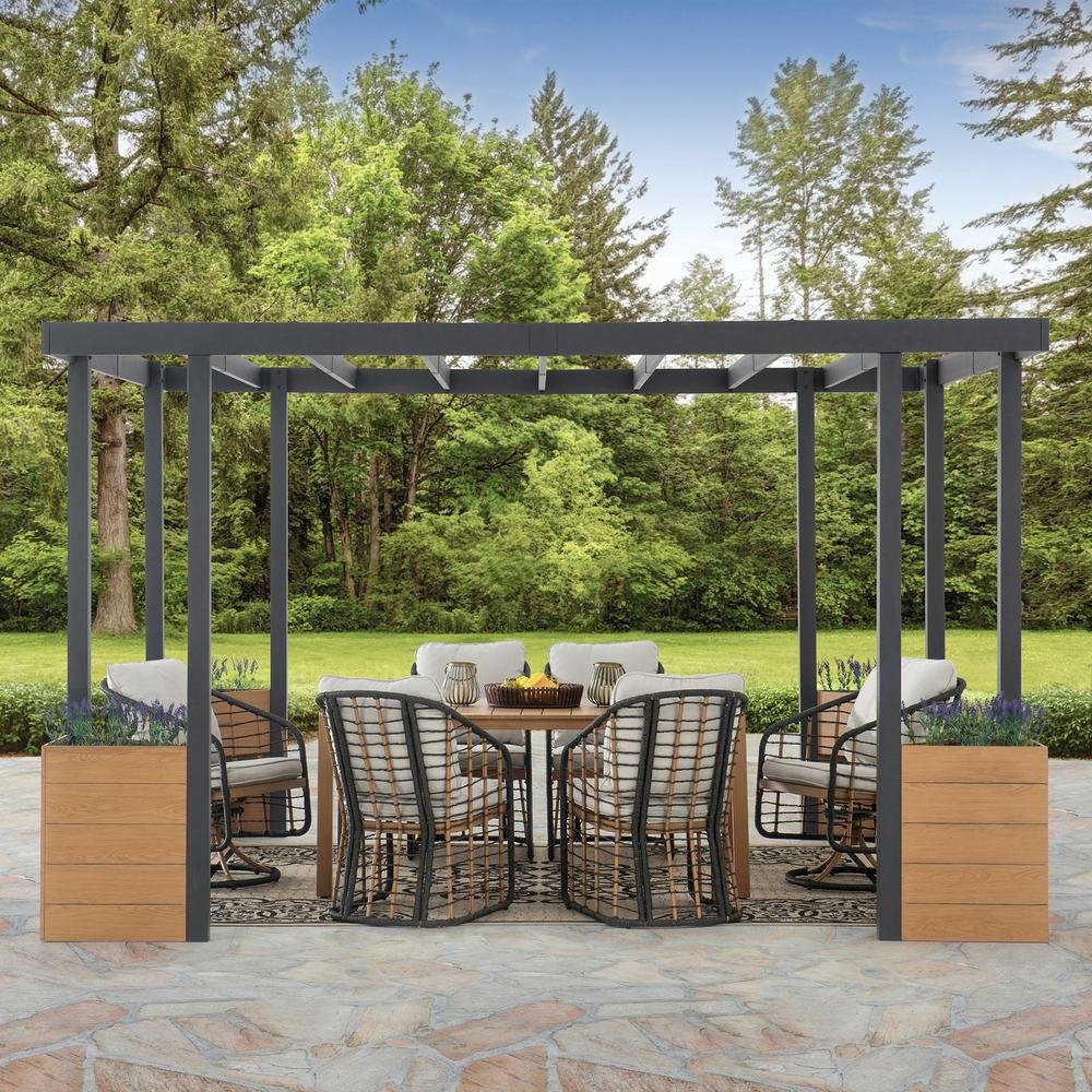 Sunjoy Marbella 10 x 12ft. Outdoor Patio Black Steel Frame Pergola with Planters - Ethereal Company