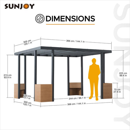 Sunjoy Marbella 10 x 12ft. Outdoor Patio Black Steel Frame Pergola with Planters - Ethereal Company