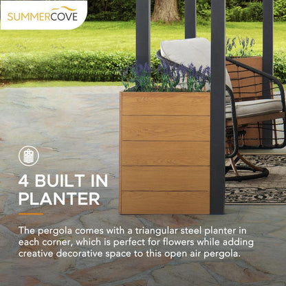 Sunjoy Marbella 10 x 12ft. Outdoor Patio Black Steel Frame Pergola with Planters - Ethereal Company