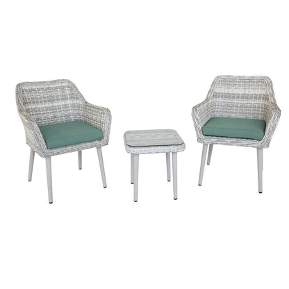 Tashay 3Pc Patio Bistro Set, Green Fabric &amp; Beige Wicker - Ethereal Company