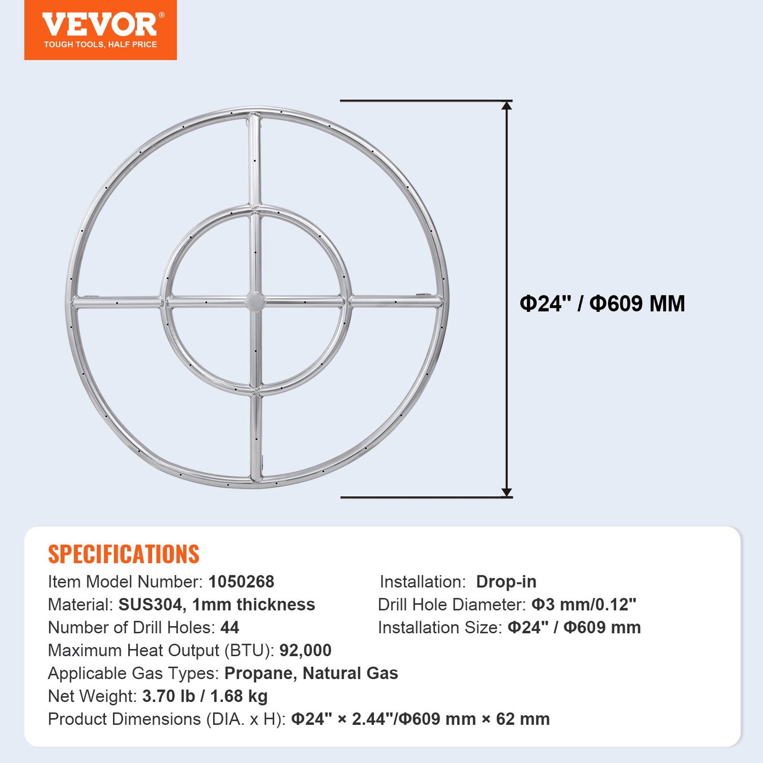 VEVOR 24 inch Round Drop - in Fire Pit Pan, Stainless Steel Fire Pit Burner, Natural &amp; Propane Gas Fire Pan 92,000 BTU, for Indoor or Outdoor Use - Ethereal Company